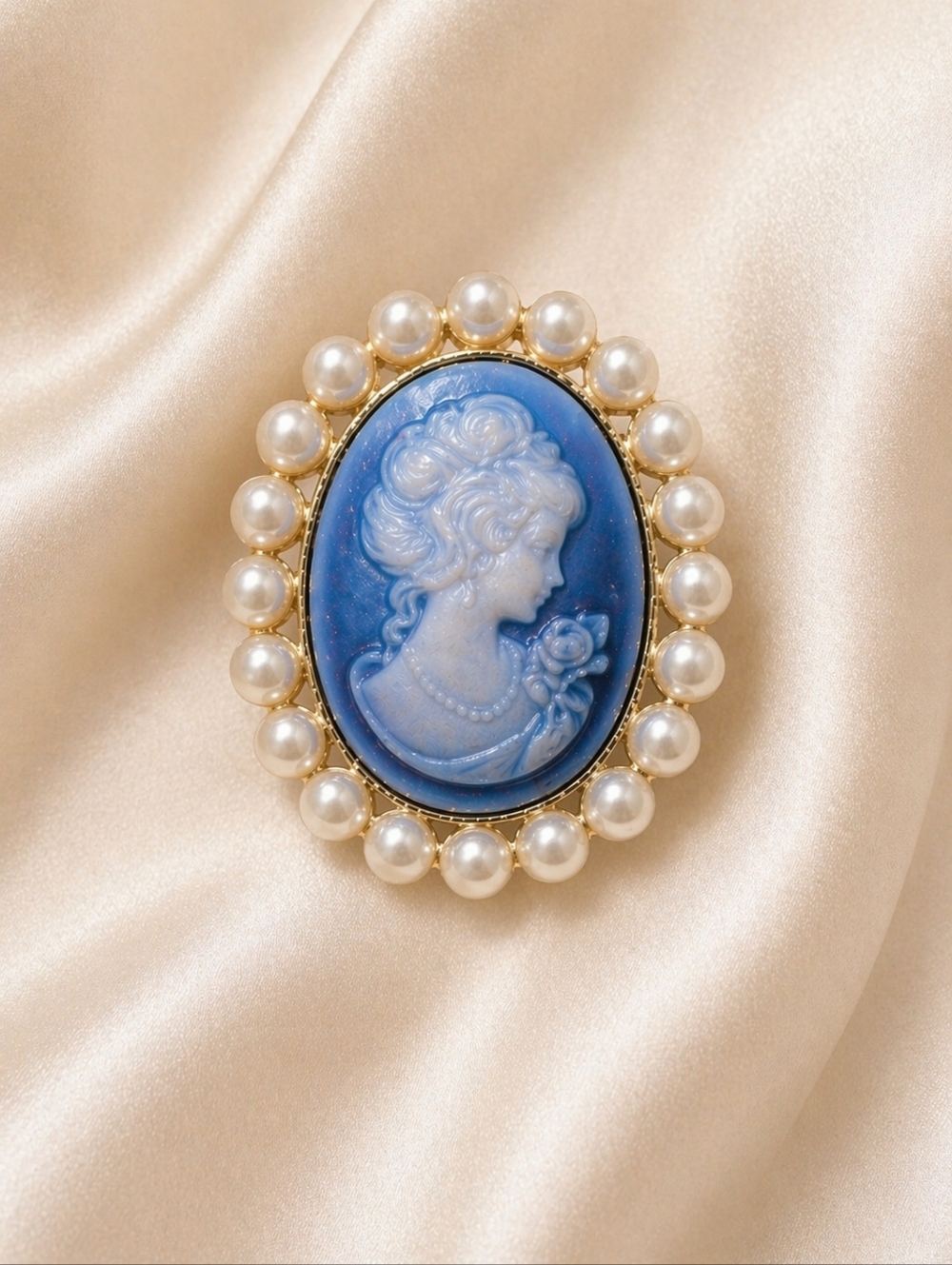 Blue Cameo Brooch Pin Gold Tone Faux Pearl Frame Oval Vintage Style